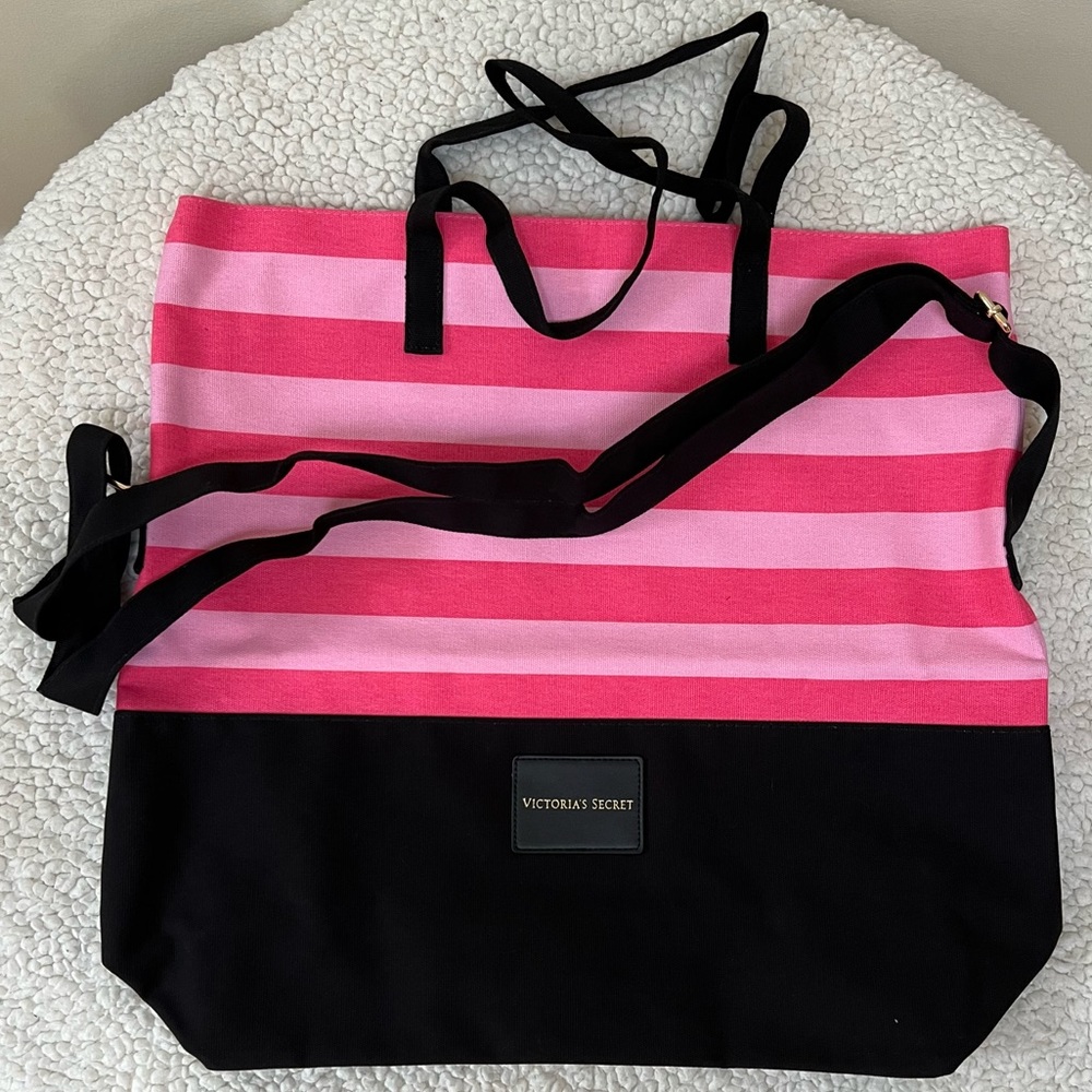 Victoria’s Secret Canvas Black Pink Striped Multi Handle Tote Bag - Picture 3 of 7
